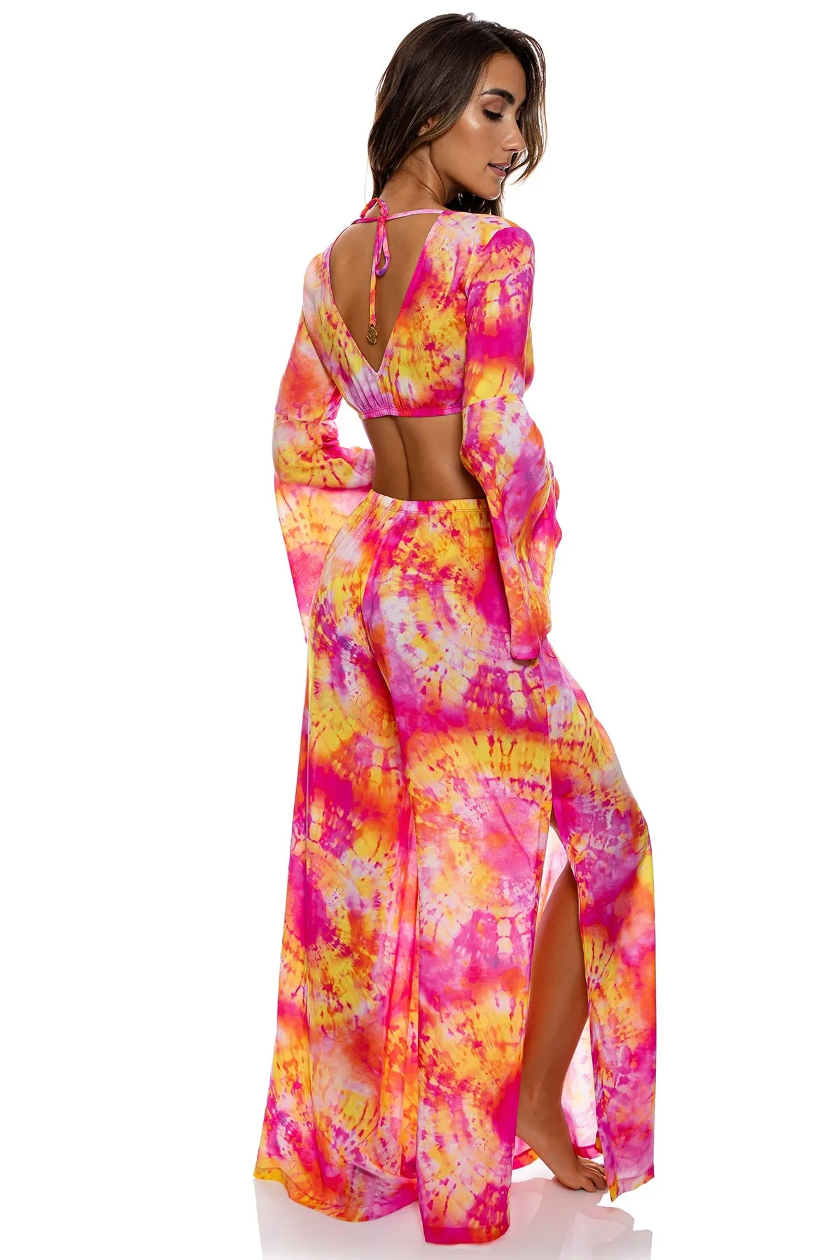 RETRO DREAM - Bell Sleeve Crop Top & Open Sides Wide Leg Pant • Multi Pink