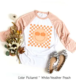 Retro Smile Pumpkin Checkerboard Fall Raglan Tee