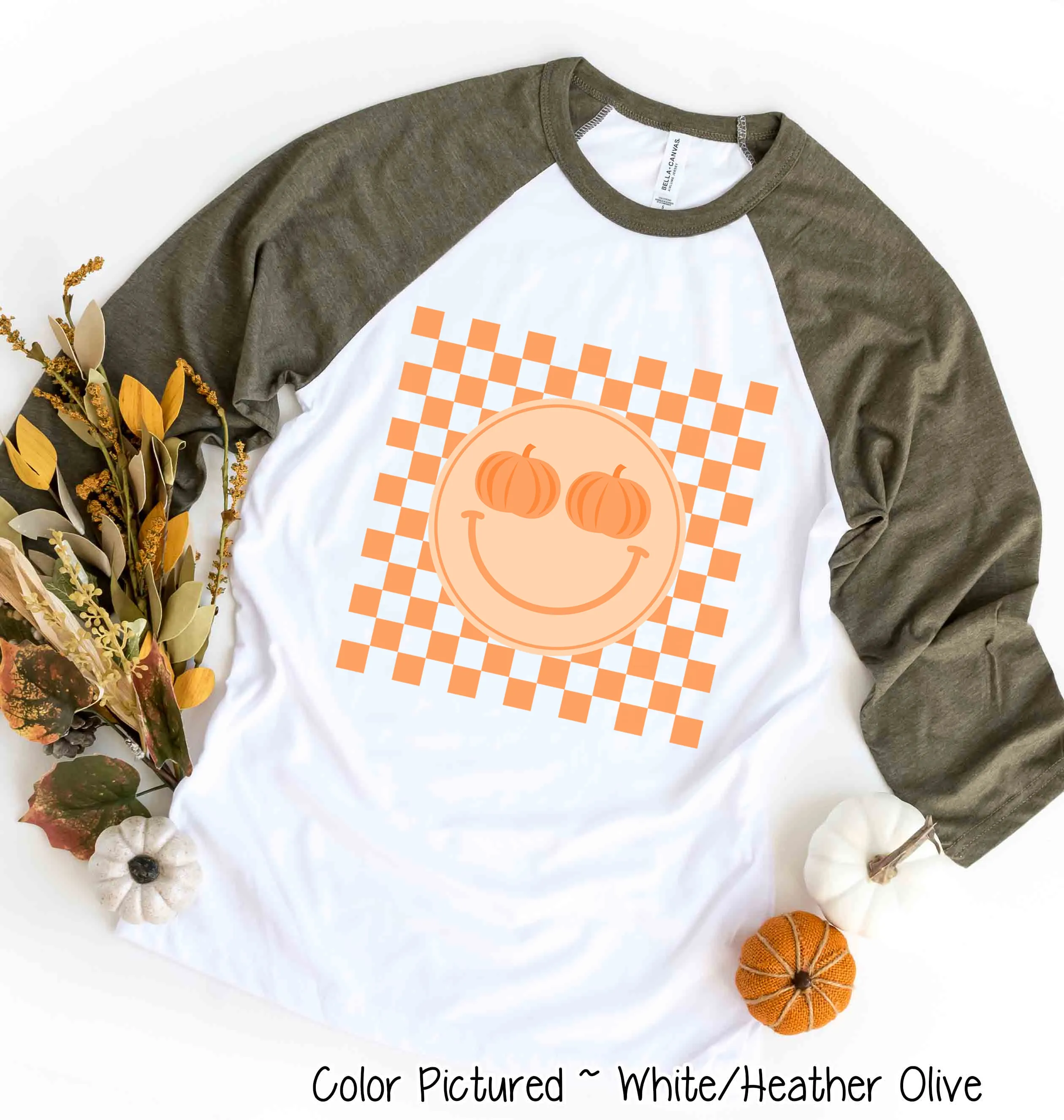 Retro Smile Pumpkin Checkerboard Fall Raglan Tee
