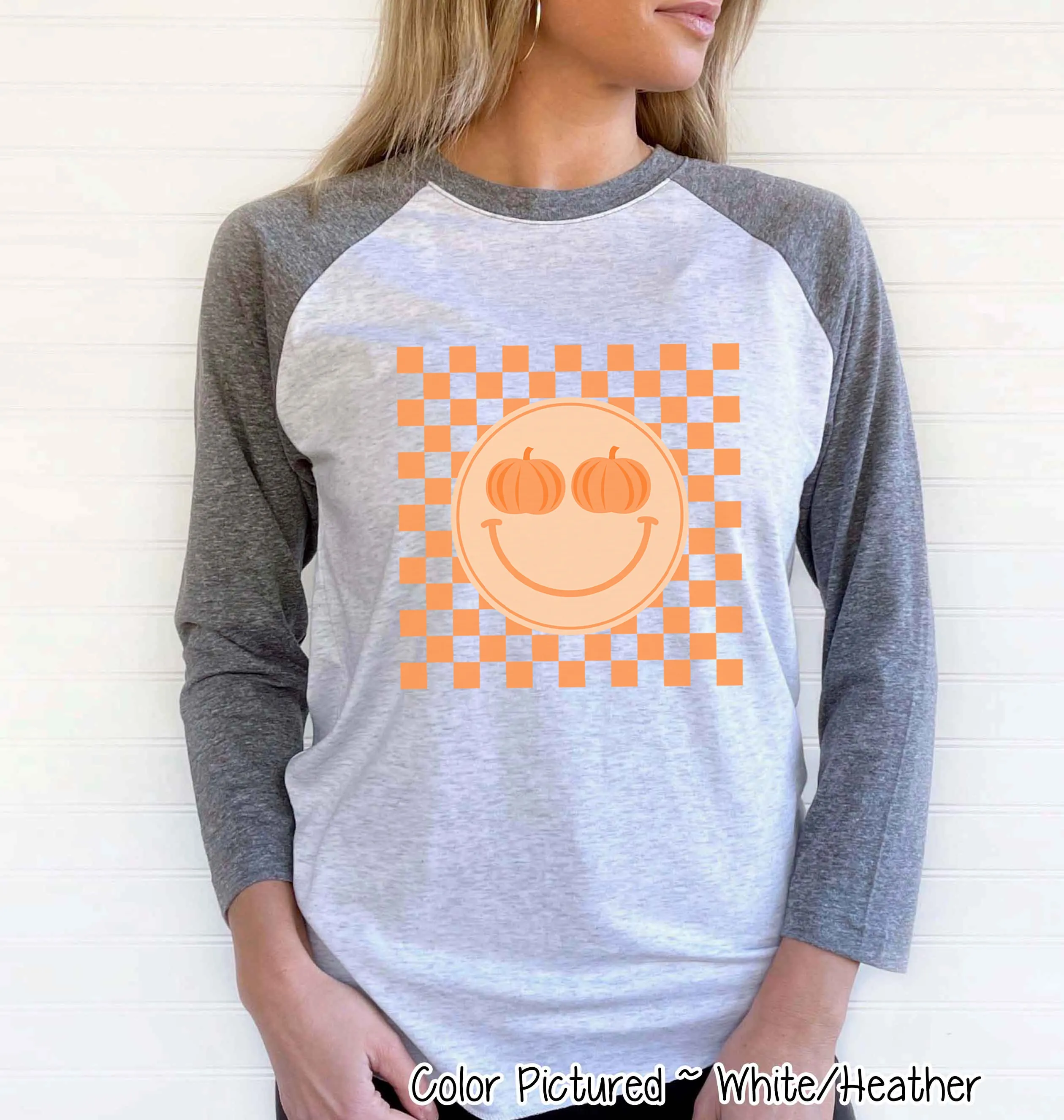 Retro Smile Pumpkin Checkerboard Fall Raglan Tee