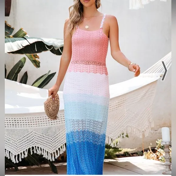 Revolve x KOKO   MASON Crochet Knit Tiered Ombré Maxi Sweater Dress Size Small