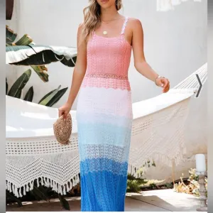 Revolve x KOKO   MASON Crochet Knit Tiered Ombré Maxi Sweater Dress Size Small