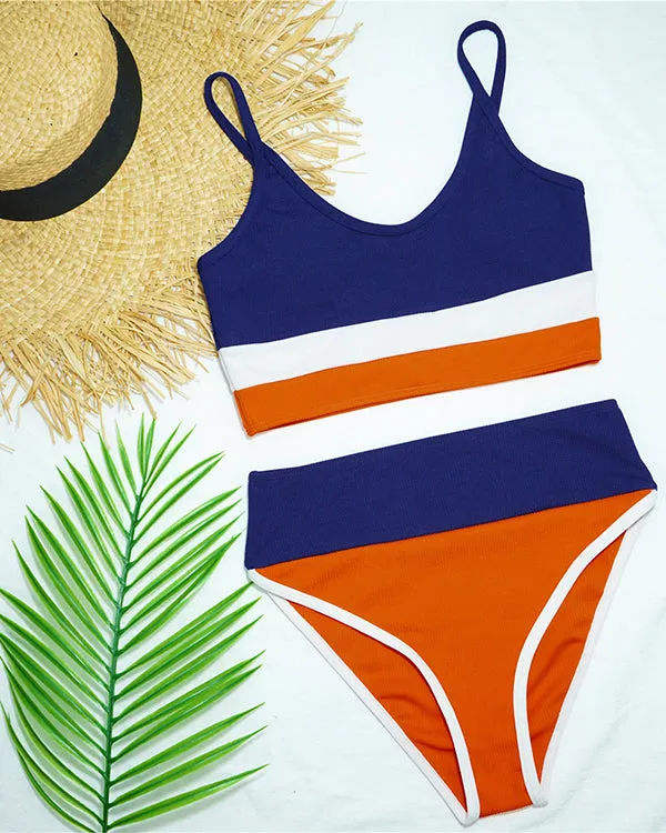Ribbed Colorblock High Waisted Bikini Sets