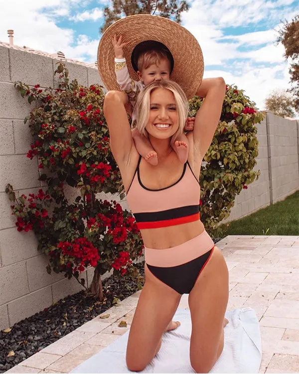 Ribbed Colorblock High Waisted Bikini Sets