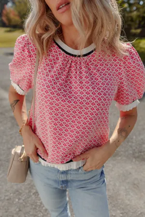 Rose Colorblock Edge Geometric Print Puff Sleeve Blouse