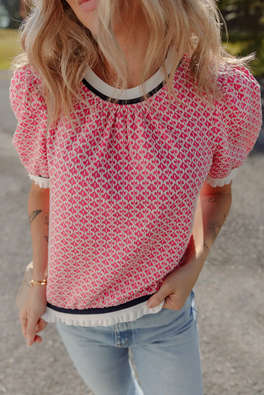 Rose Colorblock Edge Geometric Print Puff Sleeve Blouse