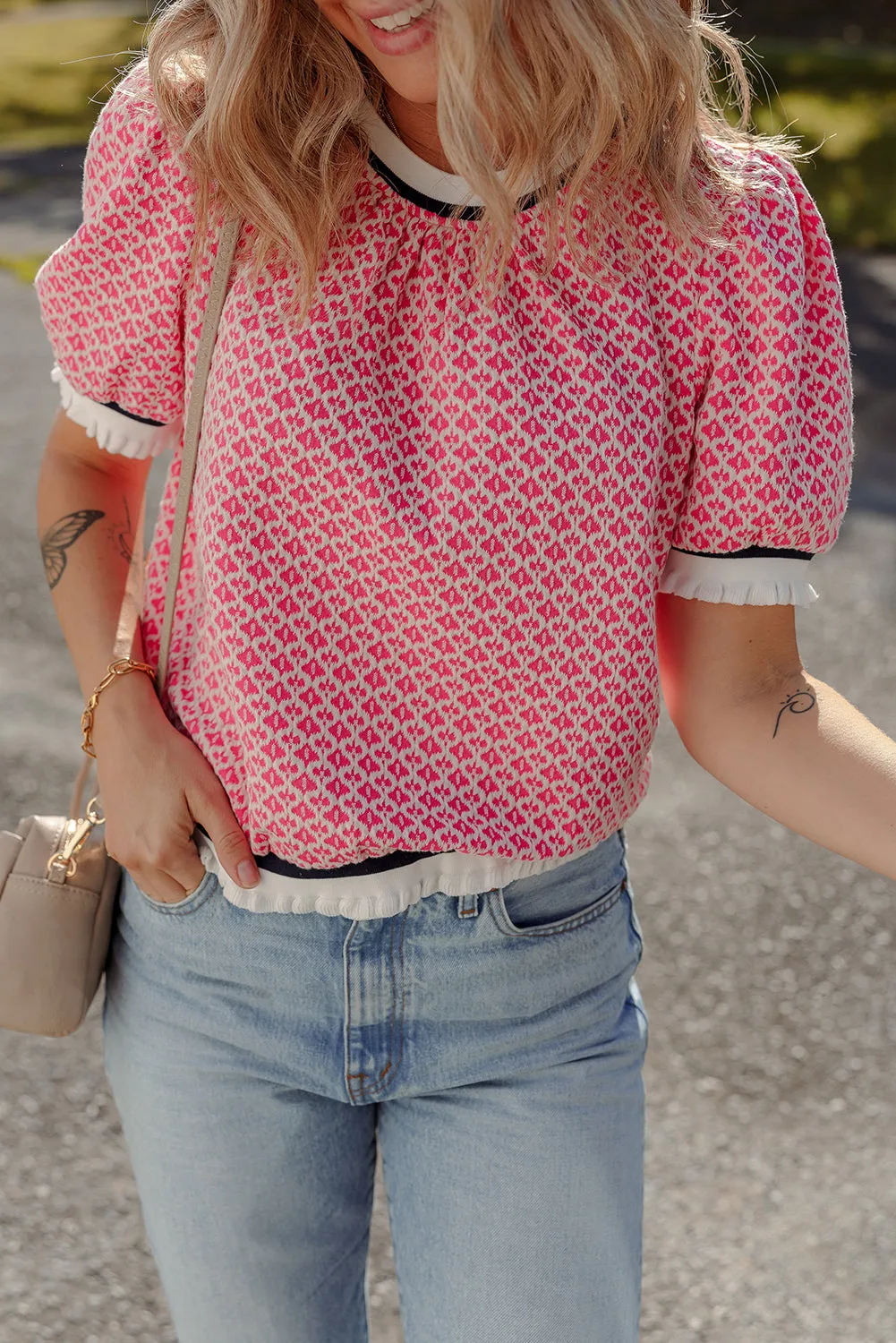 Rose Colorblock Edge Geometric Print Puff Sleeve Blouse