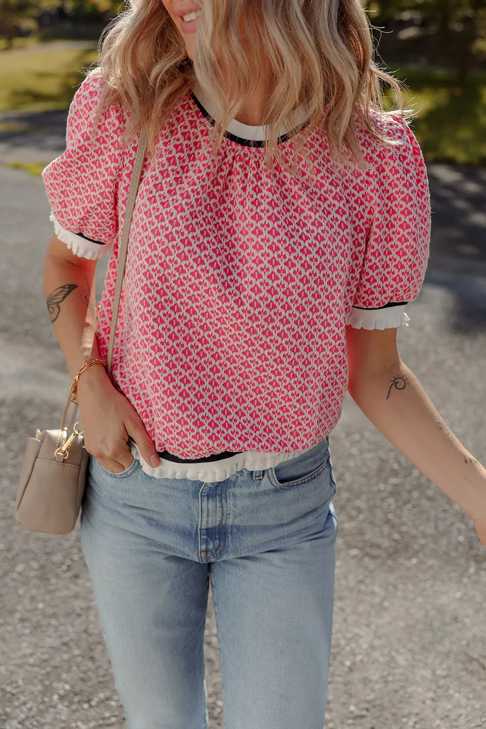 Rose Colorblock Edge Geometric Print Puff Sleeve Blouse