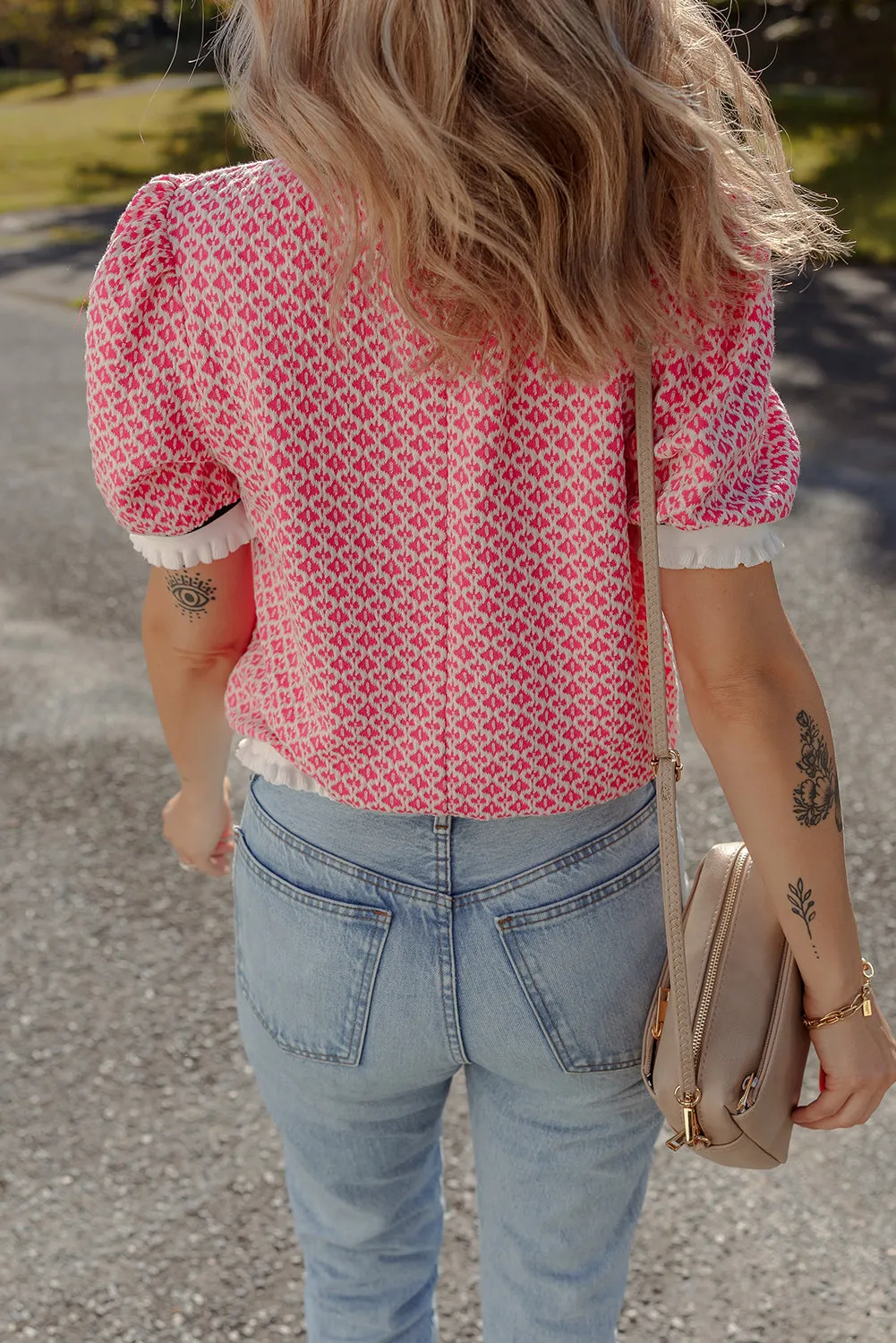 Rose Colorblock Edge Geometric Print Puff Sleeve Blouse