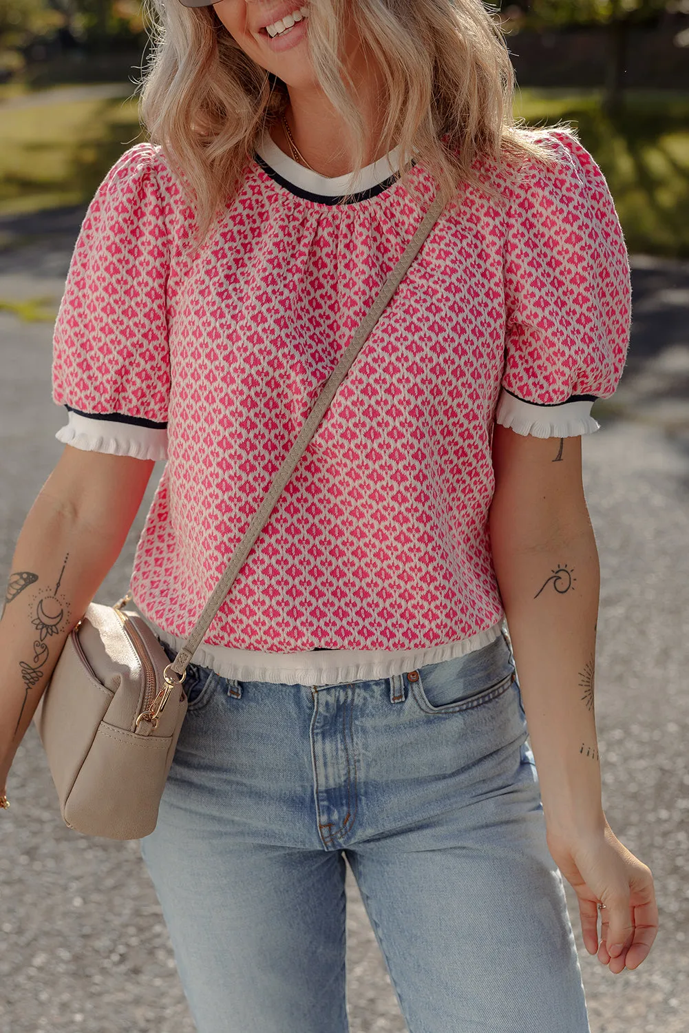 Rose Colorblock Edge Geometric Print Puff Sleeve Blouse