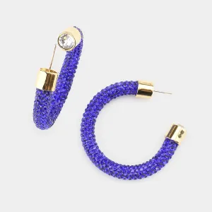 Royal Blue Rhinestone Half Hoop Earring | 1.75" | 482487