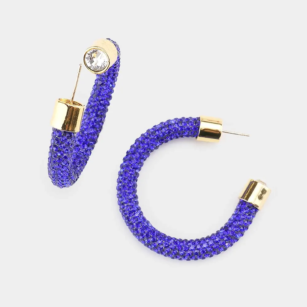 Royal Blue Rhinestone Half Hoop Earring | 1.75" | 482487