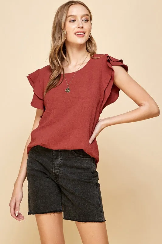 Ruffle cap sleeve blouse in rosewood *