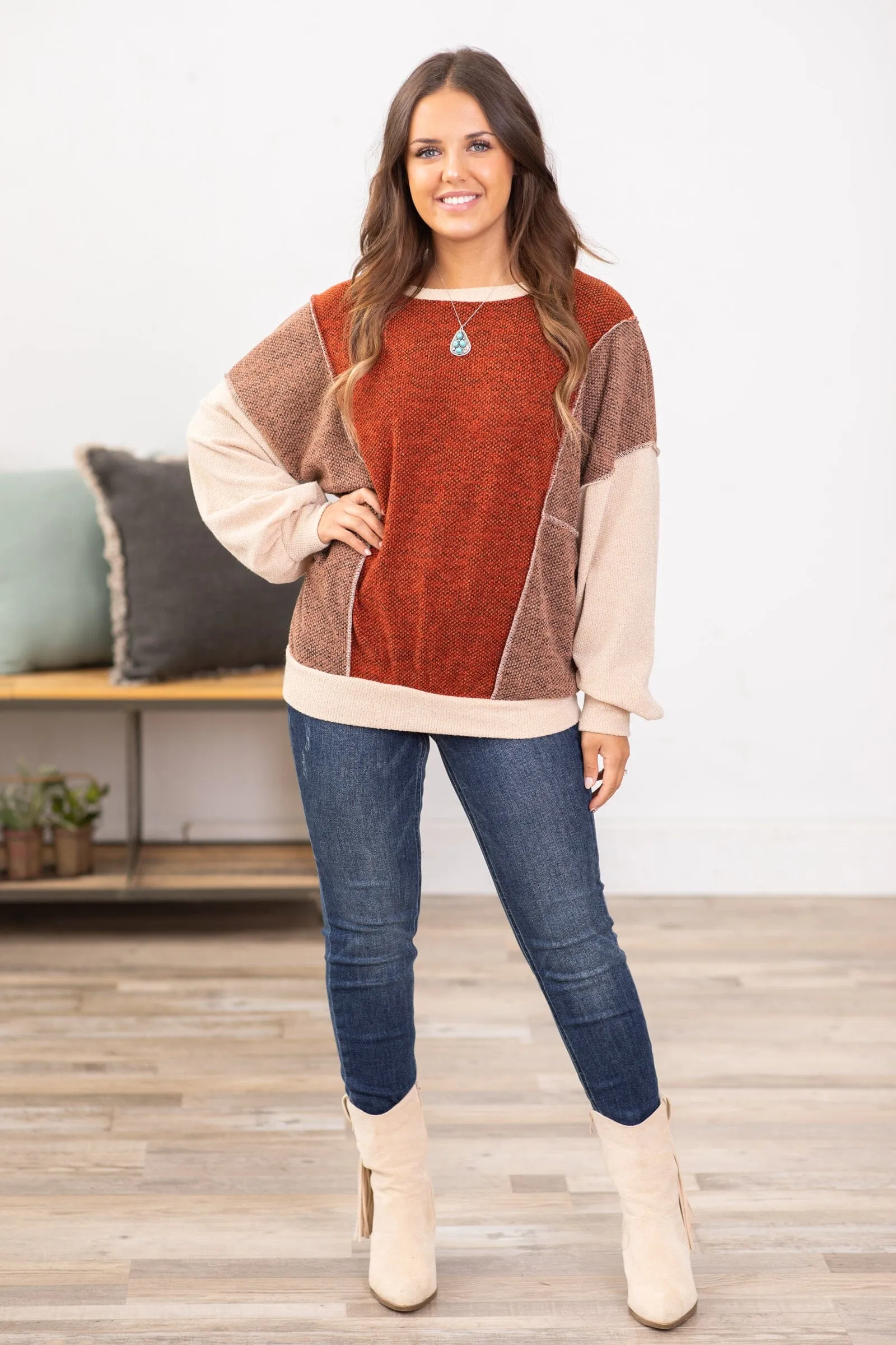 Rust and Mocha Colorblock Textured Top