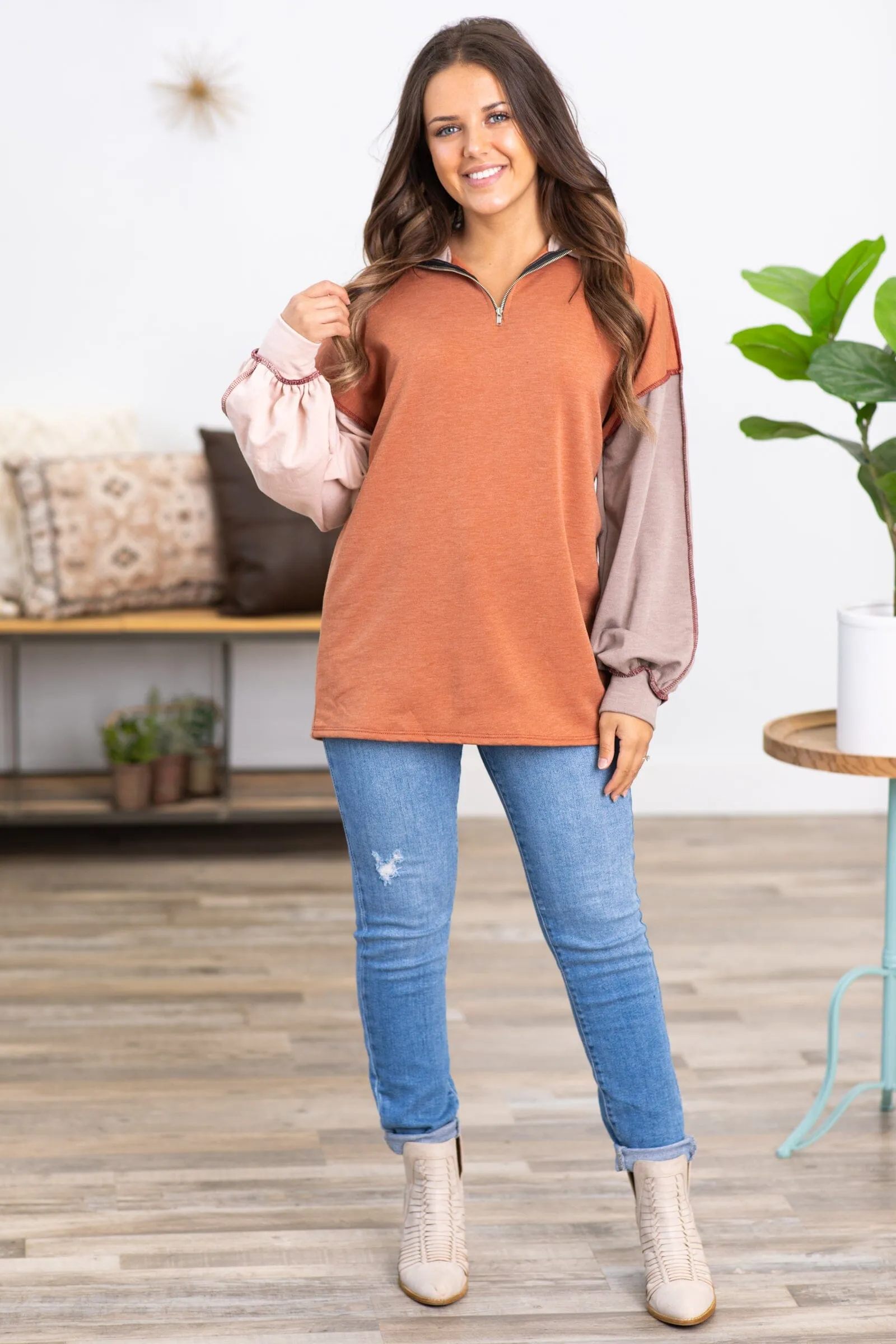 Rust Colorblock 1/4 Zip Pullover