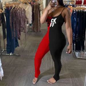 Sexy Letter Print Colorblock Pleated Bodycon Jumpsuit