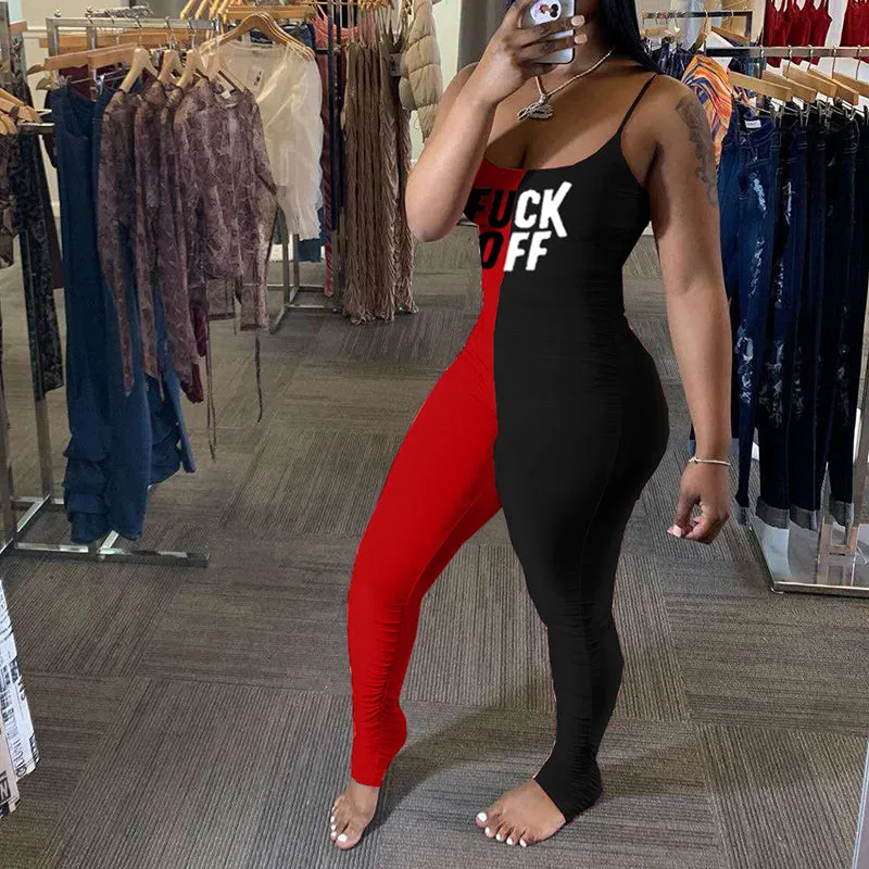 Sexy Letter Print Colorblock Pleated Bodycon Jumpsuit