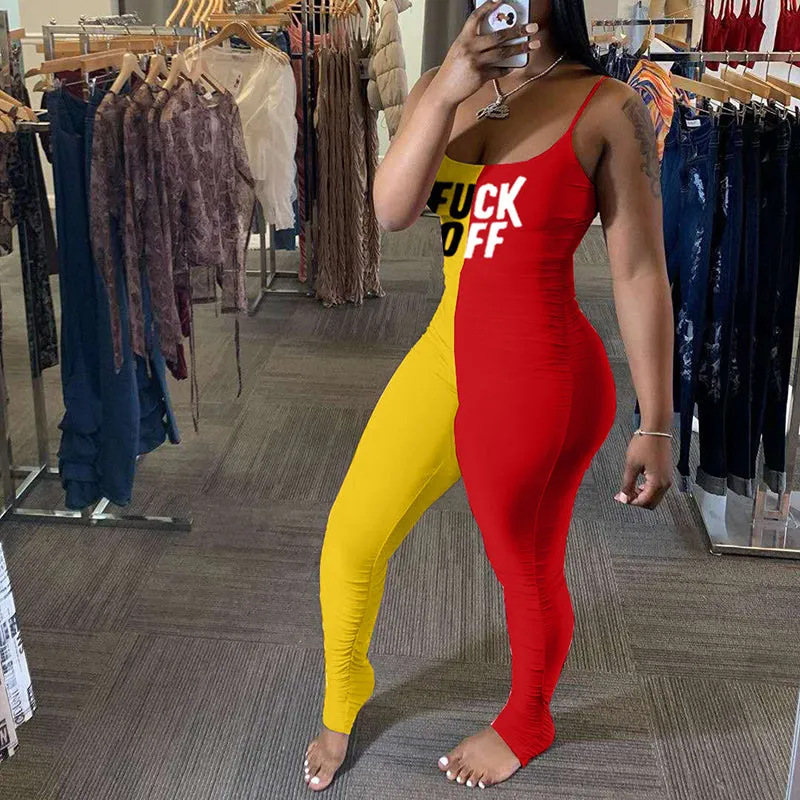 Sexy Letter Print Colorblock Pleated Bodycon Jumpsuit