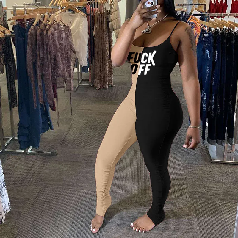 Sexy Letter Print Colorblock Pleated Bodycon Jumpsuit