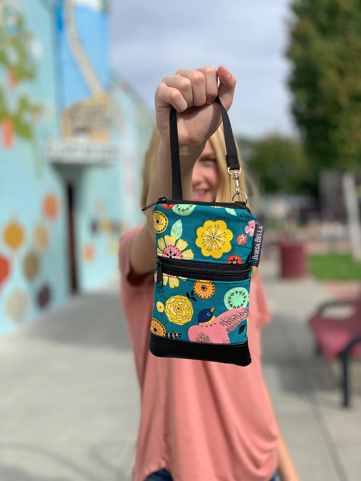 Short Zip Phone Bag - Wristlet Converts to Cross Body Purse - Painted Petals Fabric