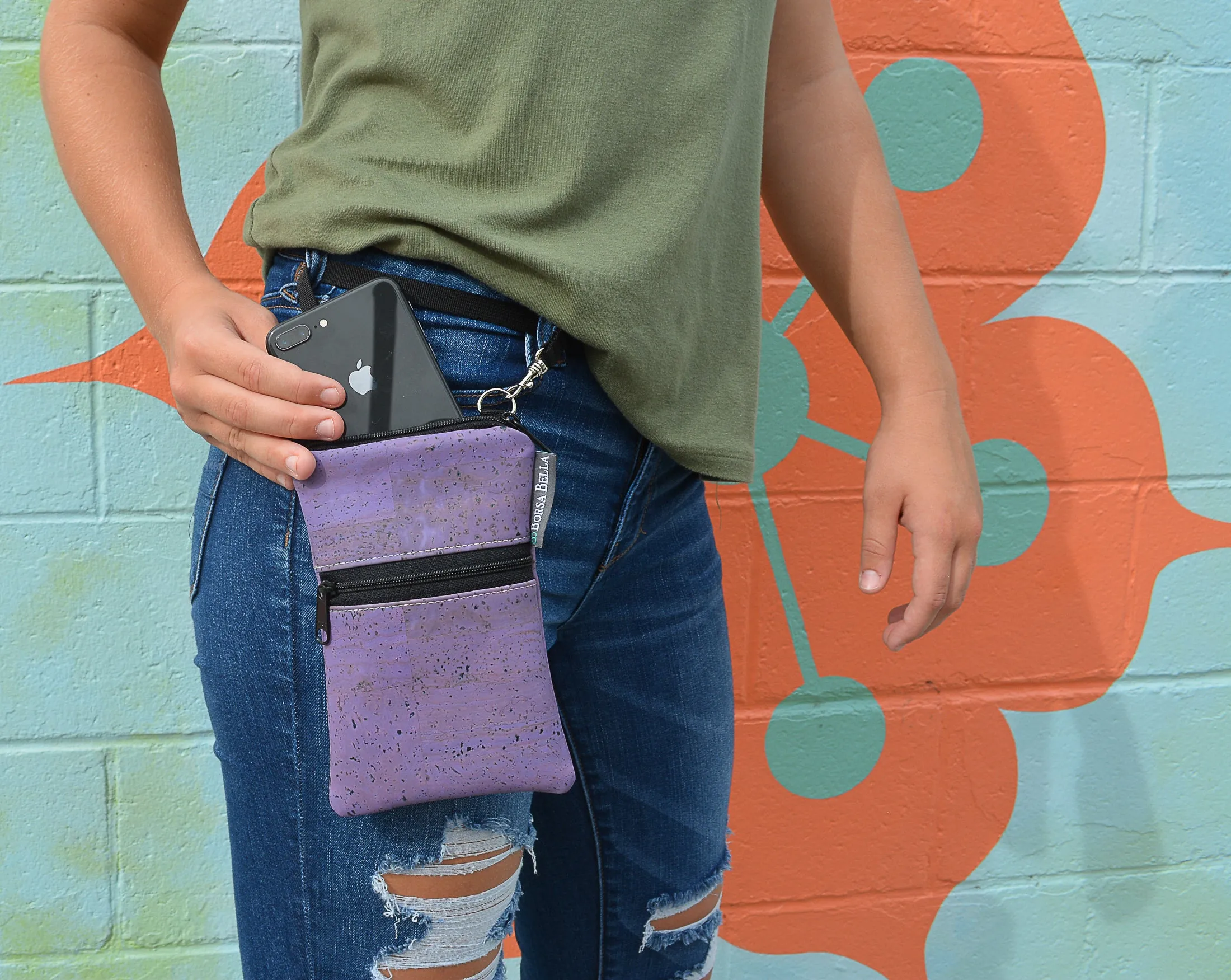 Short Zip Phone Bag - Wristlet Converts to Cross Body Purse - Painted Petals Fabric