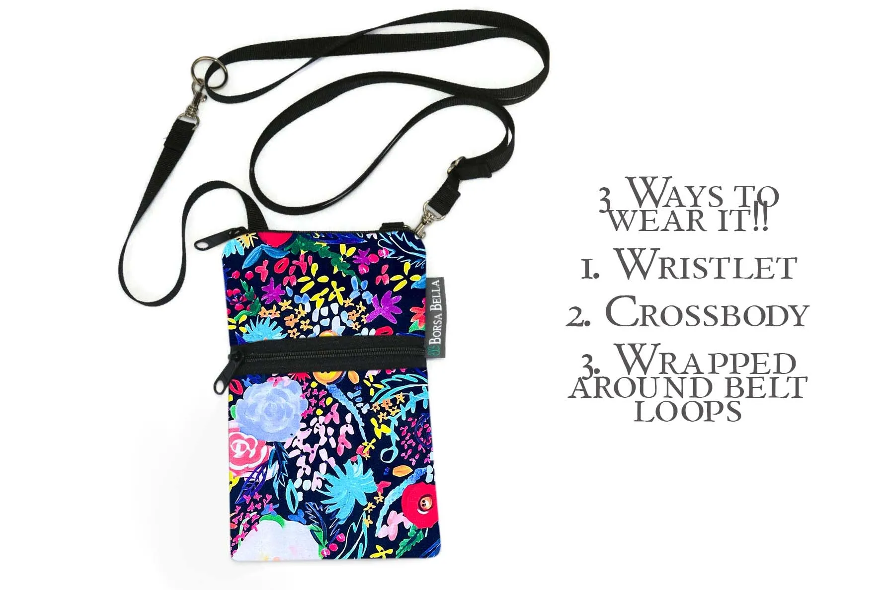 Short Zip Phone Bag - Wristlet Converts to Cross Body Purse - Painted Petals Fabric