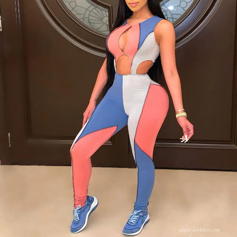 Sleeveless Hollow Out Colorblock Bodycon Jumpsuit