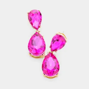 Small Fuchsia Crystal Double Teardrop Pageant Earrings  | 473813