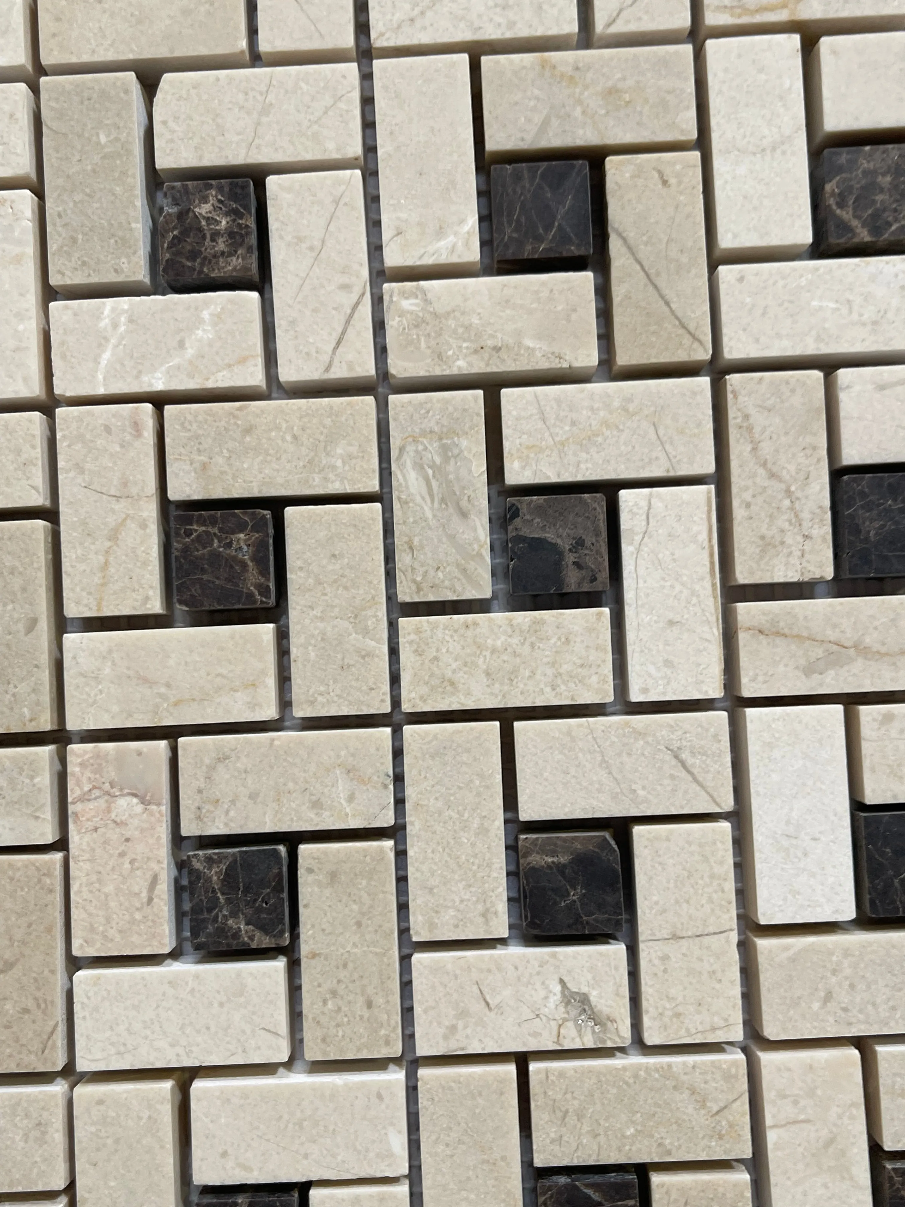 Spanish Crema Marfil Pinwheel Mosaic w/ Emperador Dark Dots