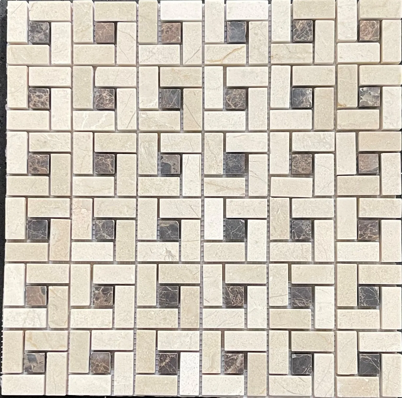 Spanish Crema Marfil Pinwheel Mosaic w/ Emperador Dark Dots
