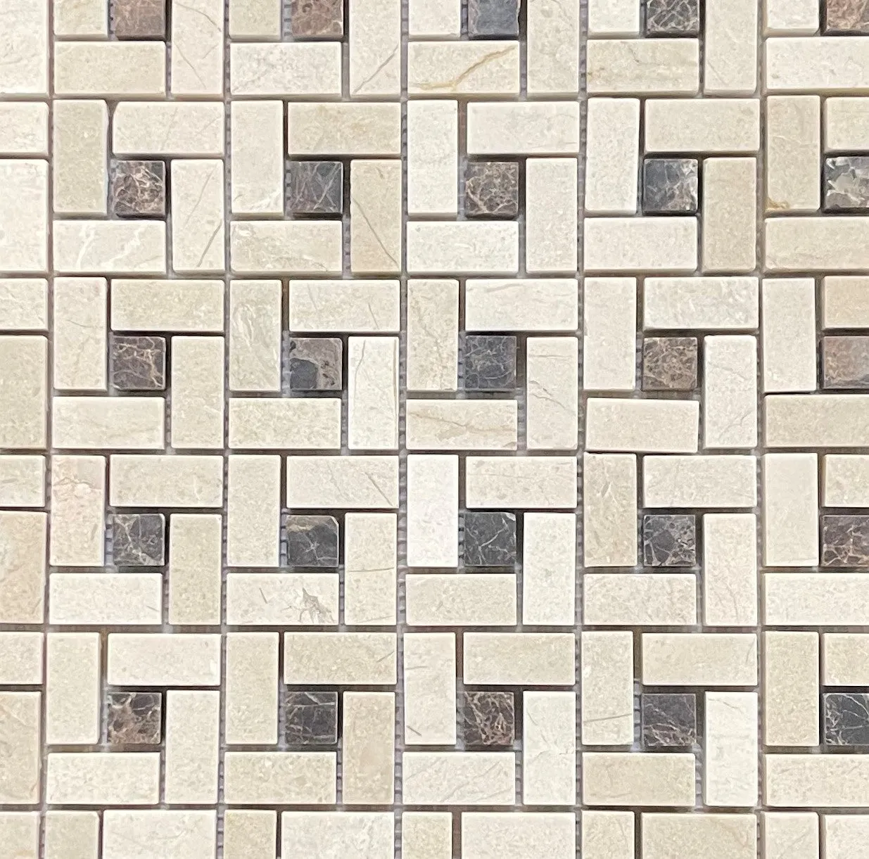 Spanish Crema Marfil Pinwheel Mosaic w/ Emperador Dark Dots