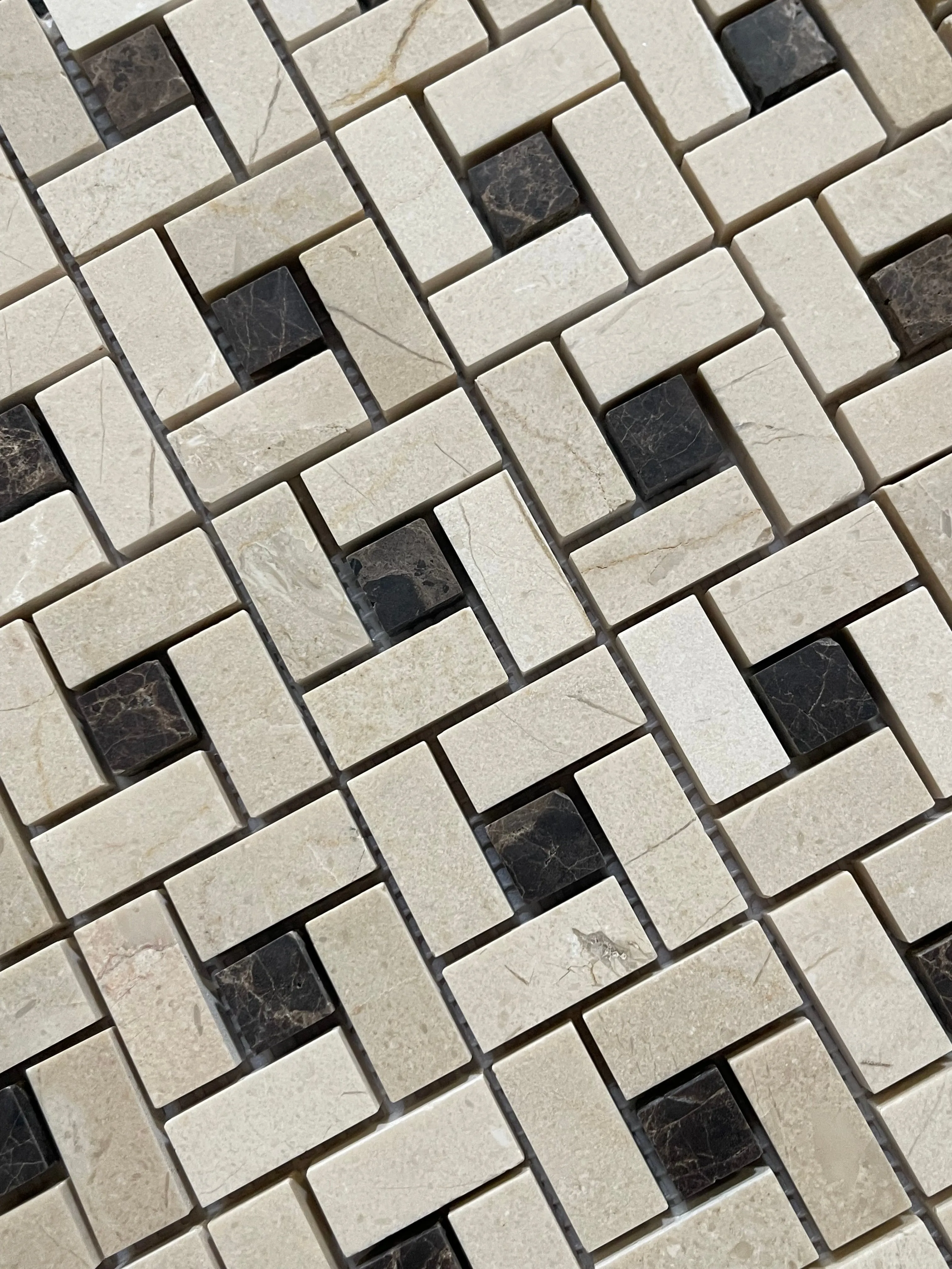 Spanish Crema Marfil Pinwheel Mosaic w/ Emperador Dark Dots