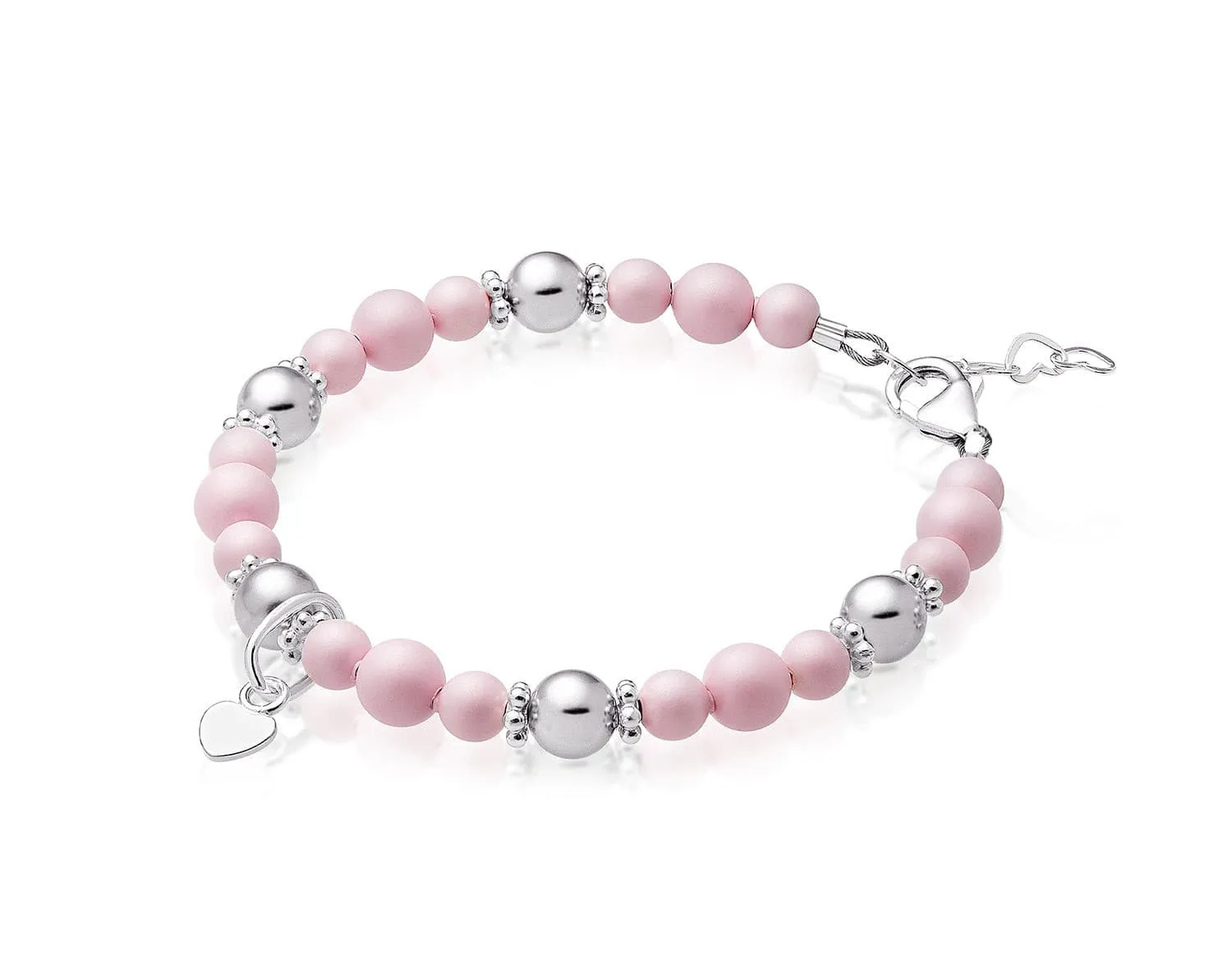 Sterling Silver Heart charm Bracelet for Girls with Pastel Rose Pearls