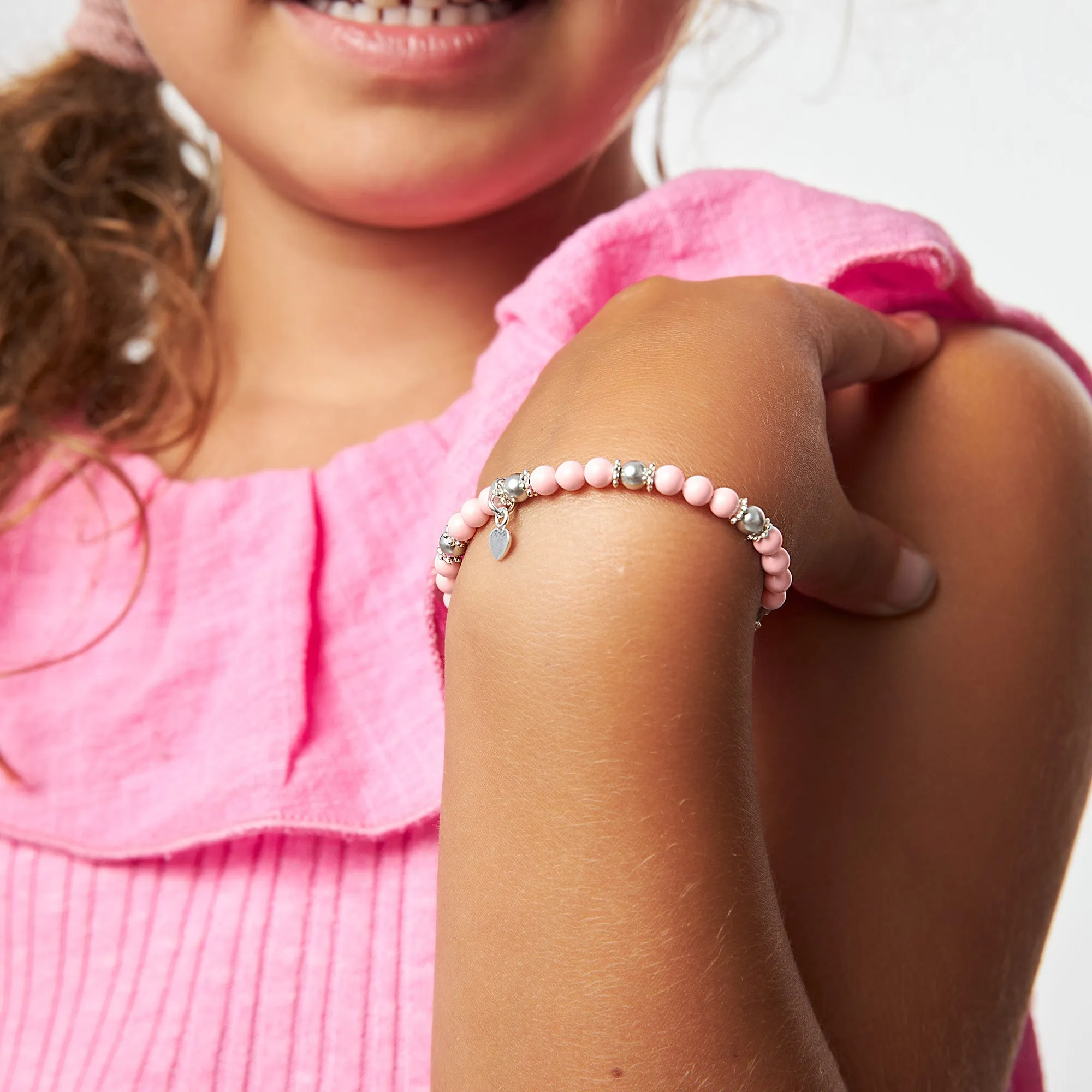 Sterling Silver Heart charm Bracelet for Girls with Pastel Rose Pearls