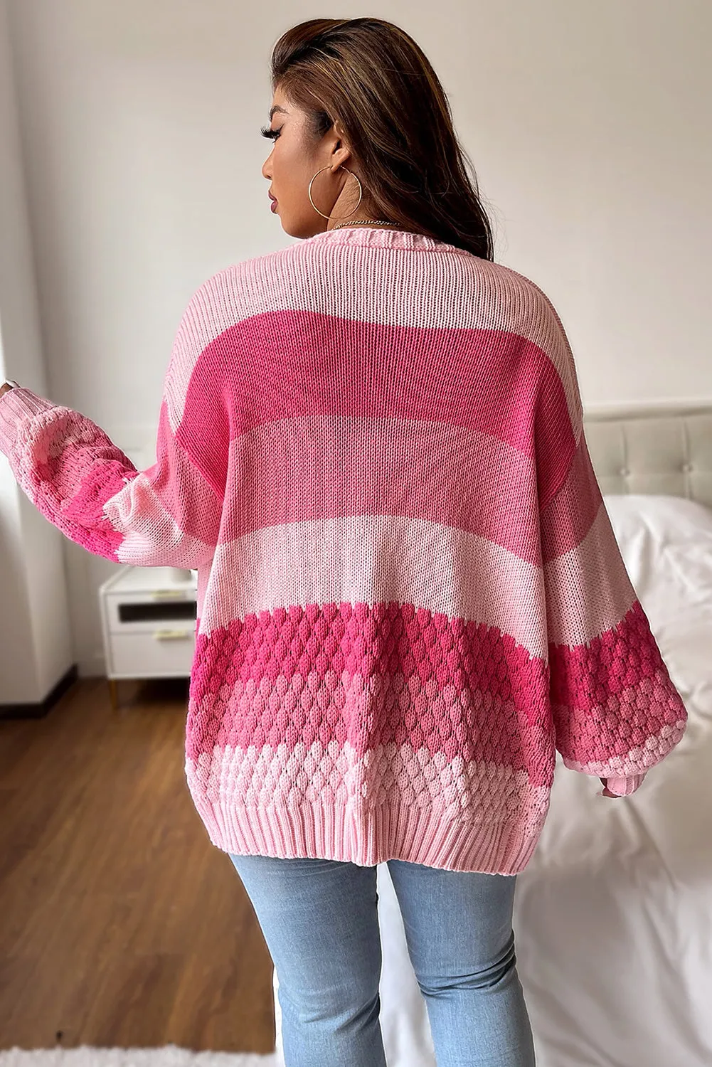 Stripes Colorblock Drop Shoulder Textured Duster Cardigan