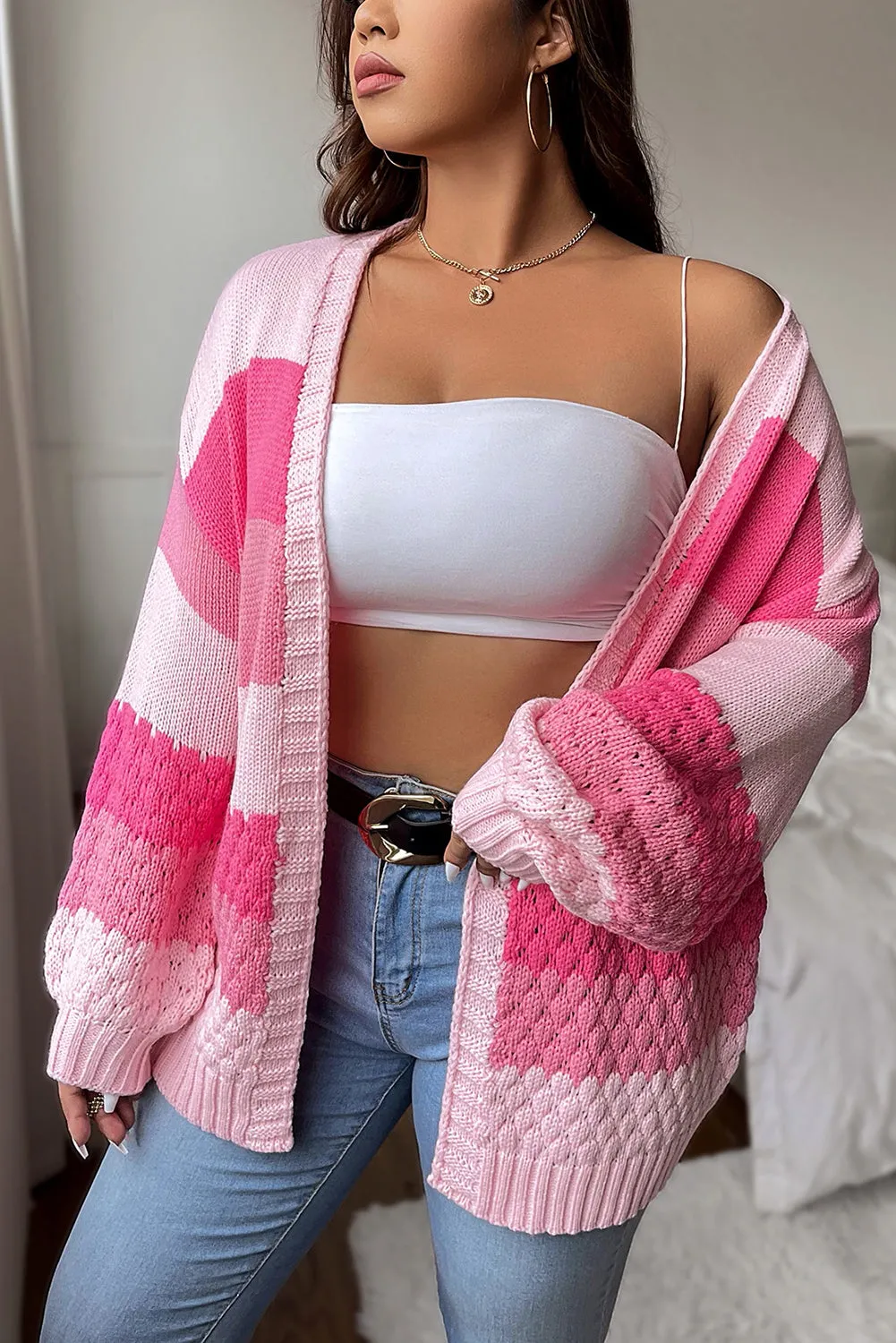 Stripes Colorblock Drop Shoulder Textured Duster Cardigan