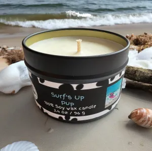 Surf's Up Pup - Small Tin Soy Candle - Beach Scent with Jasmine, Sea Salt and Violet