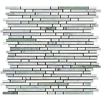 Thassos White Greek Marble Bamboo Sticks (Thassos Carrara Ming Green) Mosaic Tile, Polished