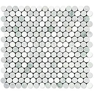 Thassos White Greek Marble Penny Round Mosaic Tile with Ming Green, Polished