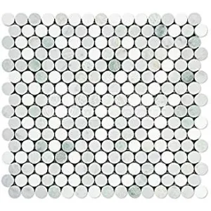 Thassos White Greek Marble Penny Round Mosaic Tile with Ming Green, Polished