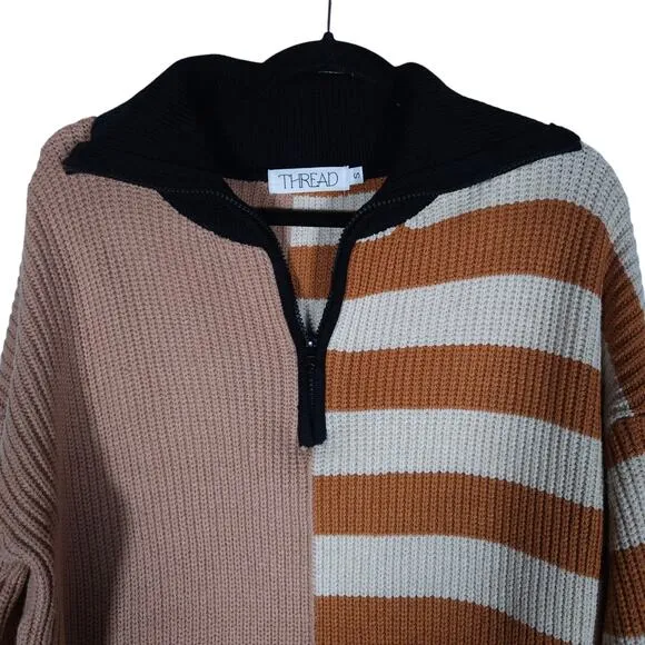 Thread Womens Knit Sweater Small Half Zip Colorblock Striped Preppy Streetwear
