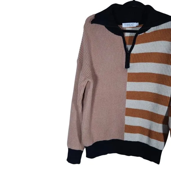Thread Womens Knit Sweater Small Half Zip Colorblock Striped Preppy Streetwear