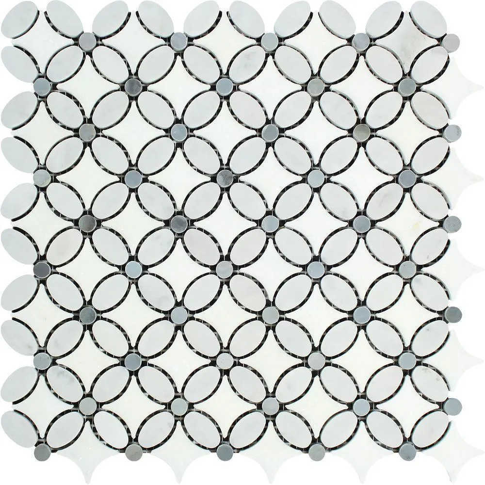 Tilefornia Florida Flower Thassos White & Carrara White & Blue/Gray Marble