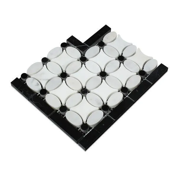 Tilefornia Italian Carrara White & Greek Thassos White Marble Florida Flower Border Corner Tile w/ Black Marble
