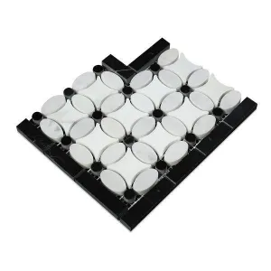 Tilefornia Italian Carrara White & Greek Thassos White Marble Florida Flower Border Corner Tile w/ Black Marble