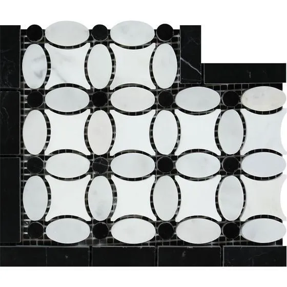Tilefornia Italian Carrara White & Greek Thassos White Marble Florida Flower Border Corner Tile w/ Black Marble