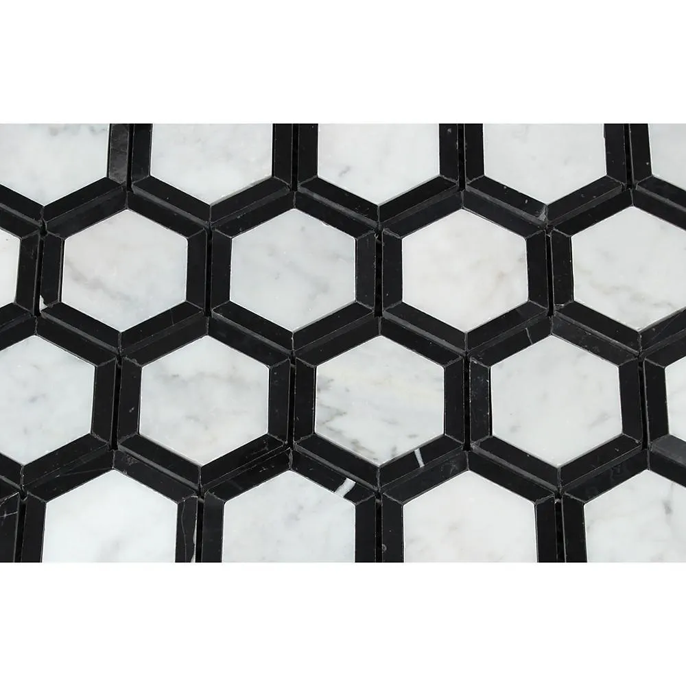 Tilefornia Italian Carrara White Marble Vortex Hexagon Mosaic Tile w/Black Marble  Ribbon Polished/Honed