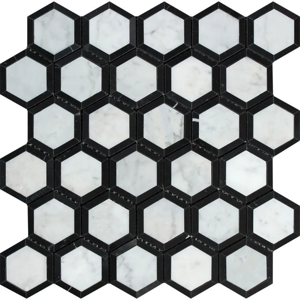 Tilefornia Italian Carrara White Marble Vortex Hexagon Mosaic Tile w/Black Marble  Ribbon Polished/Honed