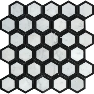 Tilefornia Italian Carrara White Marble Vortex Hexagon Mosaic Tile w/Black Marble  Ribbon Polished/Honed