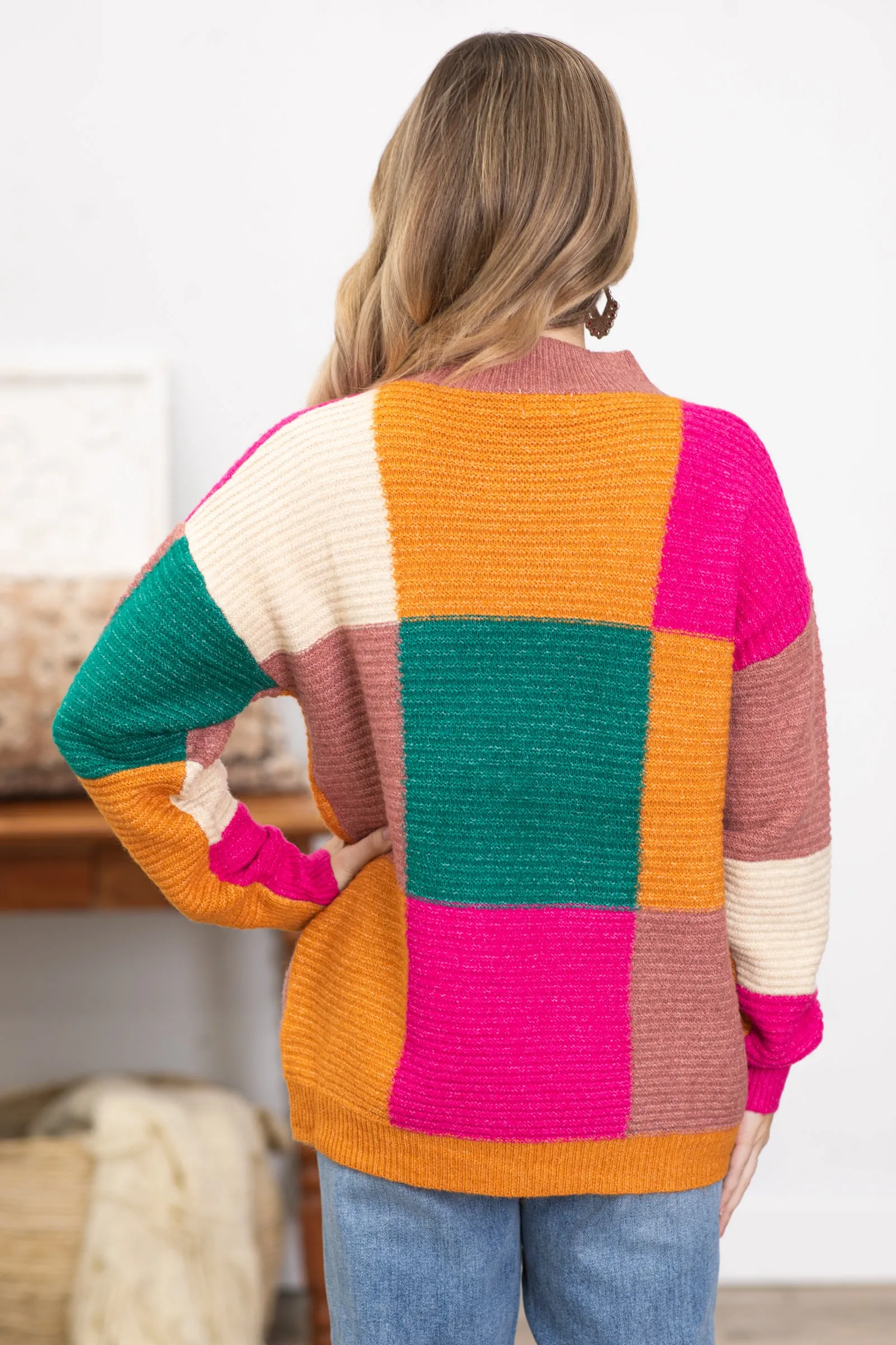 Turquoise and Fuchsia Colorblock Sweater